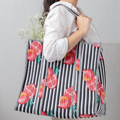 Black Pomegranate Stripes Screenprinted Tote Bag-Tote Bag-House of Ekam