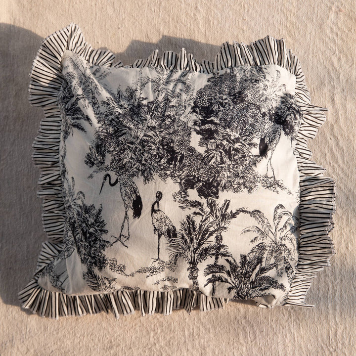 Black Tropical Dreams Ruffle Cushion Cover-Cushion Covers-House of Ekam