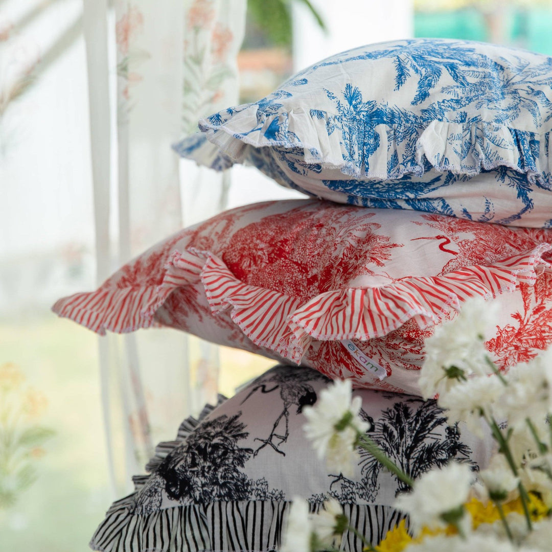 Black Tropical Dreams Ruffle Cushion Cover-Cushion Covers-House of Ekam