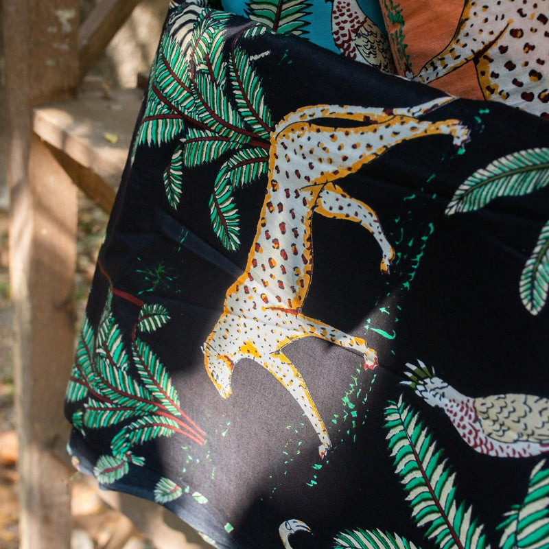 Black Tropical Safari Hand Screenprinted Cotton Fabric-fabric-House of Ekam