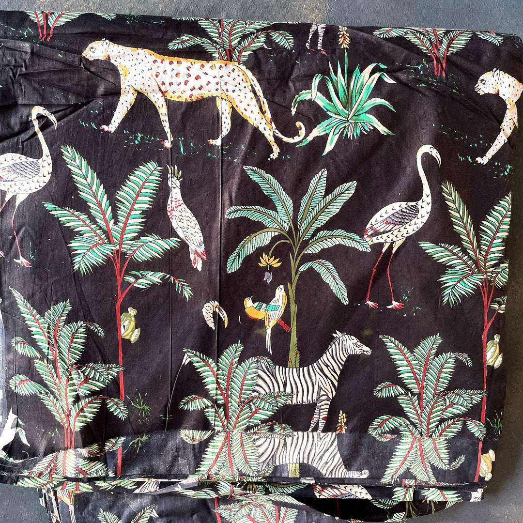Black Tropical Safari Hand Screenprinted Cotton Fabric-fabric-House of Ekam