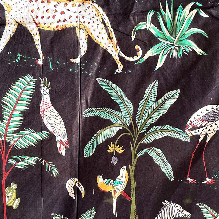 Black Tropical Safari Hand Screenprinted Cotton Fabric-fabric-House of Ekam