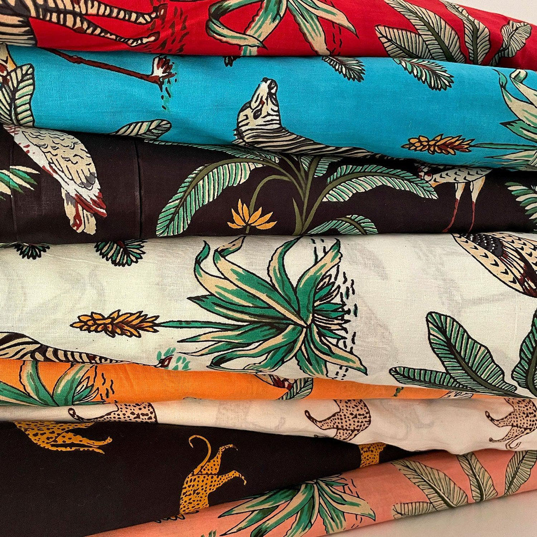 Black Tropical Safari Hand Screenprinted Cotton Fabric-fabric-House of Ekam