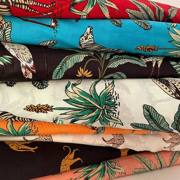Black Tropical Safari Hand Screenprinted Cotton Fabric-fabric-House of Ekam