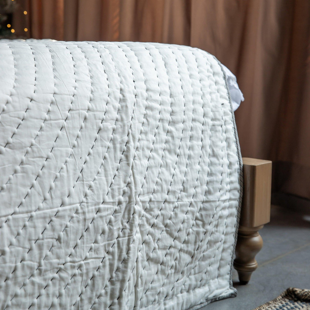 Black and Grey Handmade Concentric Circle Kantha Quilt-Quilt sets-House of Ekam