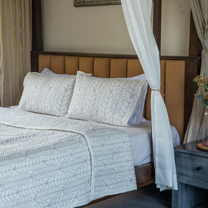 Black and White Feather Embroidered Quilt-Quilt sets-House of Ekam