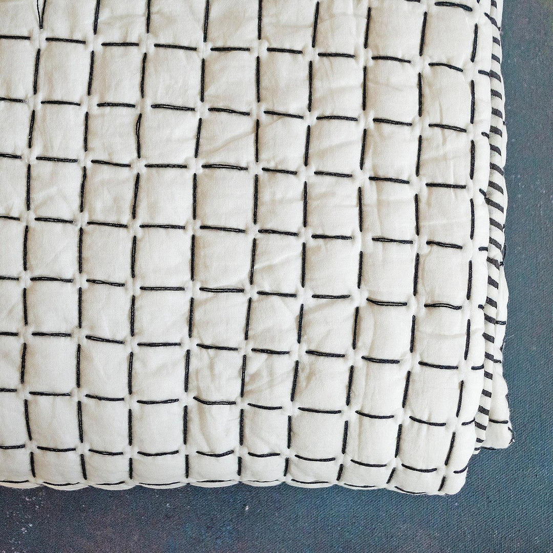 Black and White Handmade Kantha Quilt-Quilt sets-House of Ekam