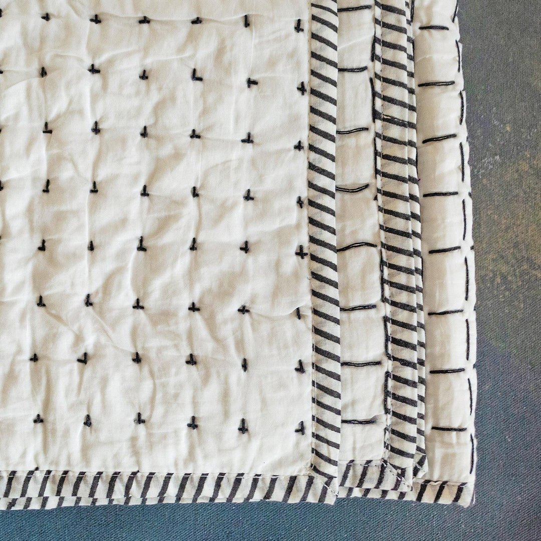 Black and White Handmade Kantha Quilt-Quilt sets-House of Ekam