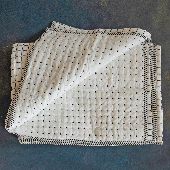 Black and White Handmade Kantha Quilt-Quilt sets-House of Ekam