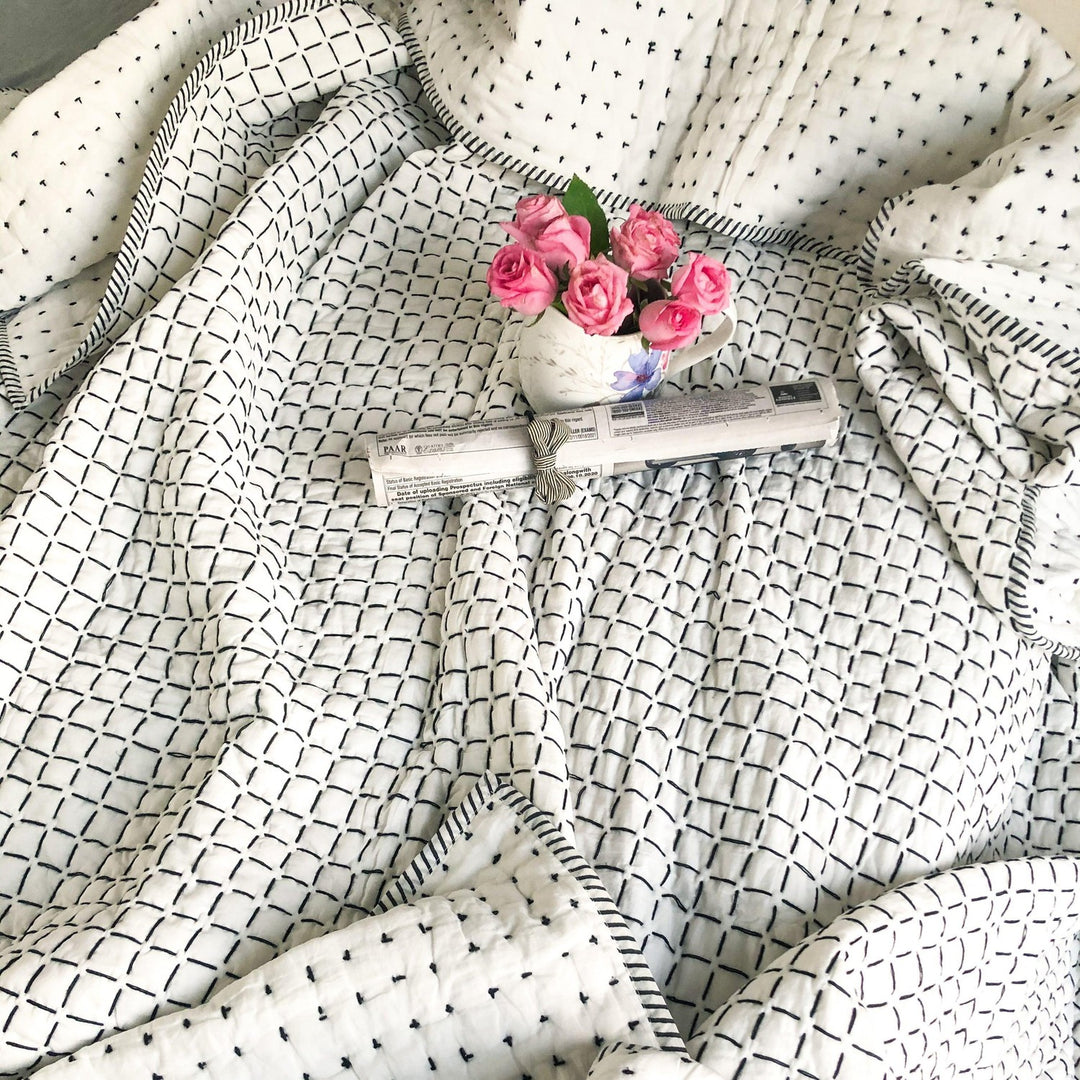 Black and White Handmade Kantha Quilt-Quilt sets-House of Ekam