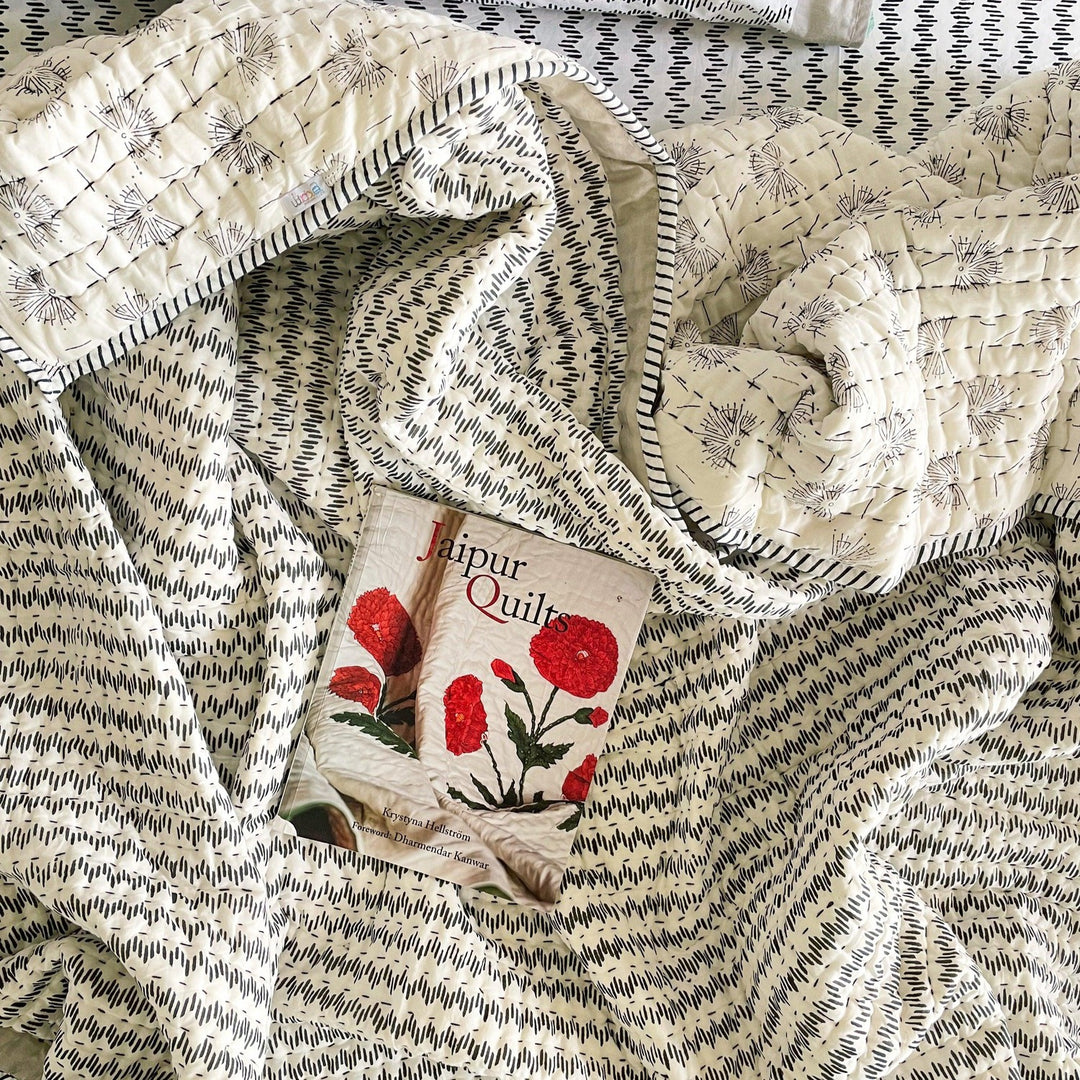 Black and White Heartbeat Reversible Summer Kantha Quilt-Quilt sets-House of Ekam
