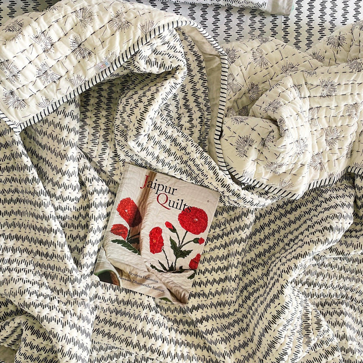 Black and White Heartbeat Reversible Summer Kantha Quilt-Quilt sets-House of Ekam