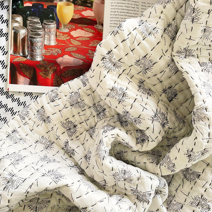 Black and White Heartbeat Reversible Summer Kantha Quilt-Quilt sets-House of Ekam