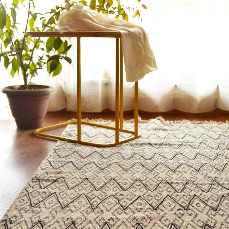 Black and White Ikat Embroidered Cotton Rug-Rug-House of Ekam