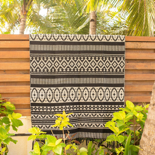 Black and White Multipattern Handloom Rug-Rug-House of Ekam