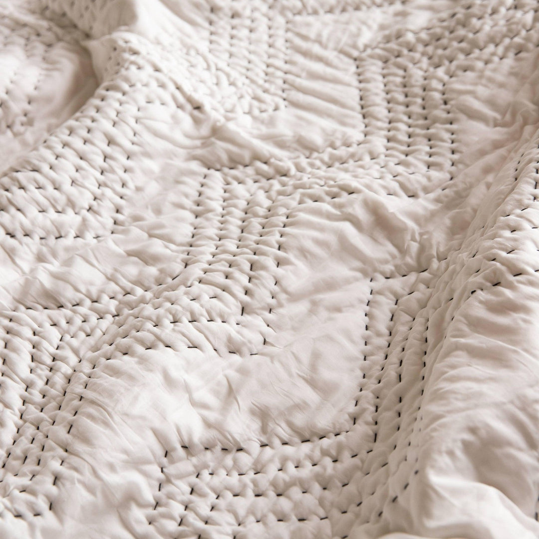 Black and White Zig Zag Handmade Kantha Stitch Quilt-Quilt sets-House of Ekam