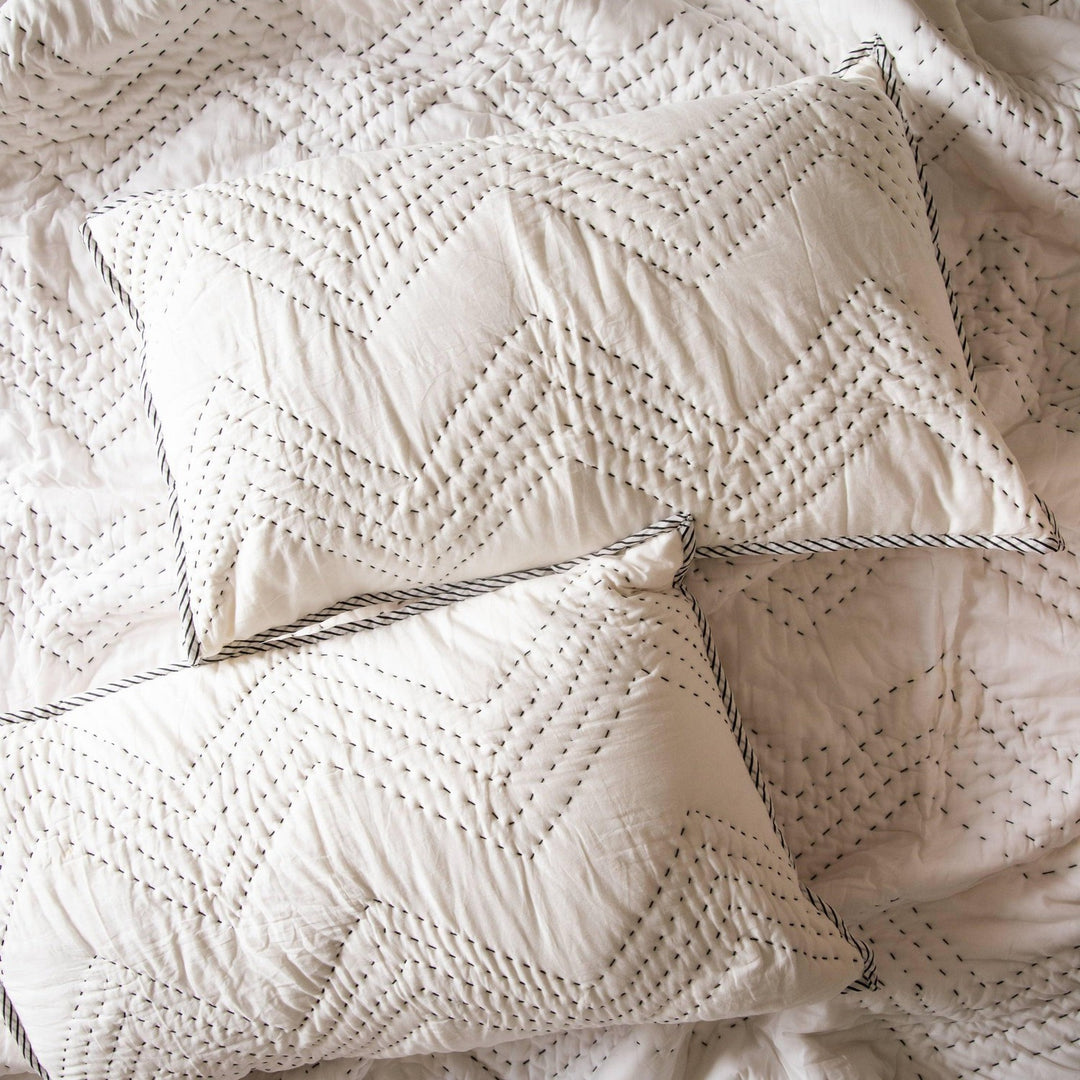 Black and White Zig Zag Handmade Kantha Stitch Quilt-Quilt sets-House of Ekam