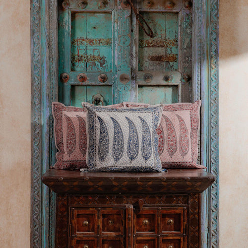 Blue Ambi Kalamkari Blockprint Cushion Cover-Cushion Covers-House of Ekam