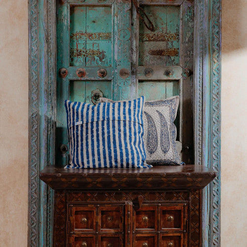 Blue Ambi Kalamkari Blockprint Cushion Cover-Cushion Covers-House of Ekam