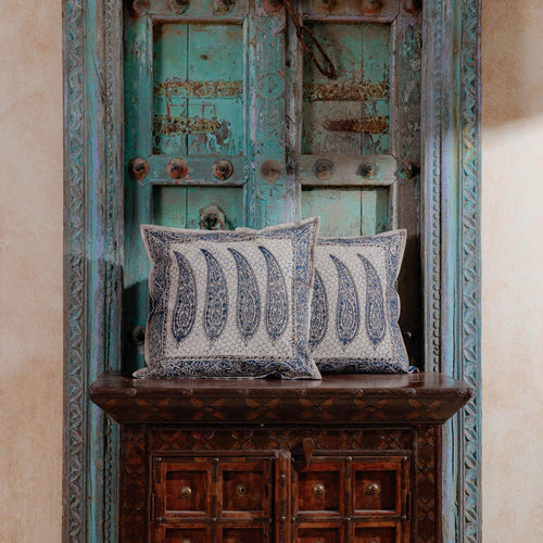 Blue Ambi Kalamkari Blockprint Cushion Cover-Cushion Covers-House of Ekam