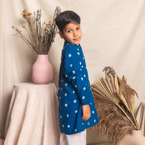 Blue Bandhani Boys Kurta With Pyjama Set-Kidswear-House of Ekam