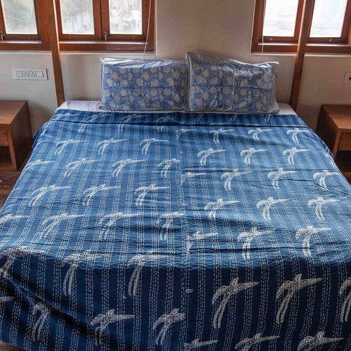 Blue Bird Kantha Bedcover-Quilt sets-House of Ekam