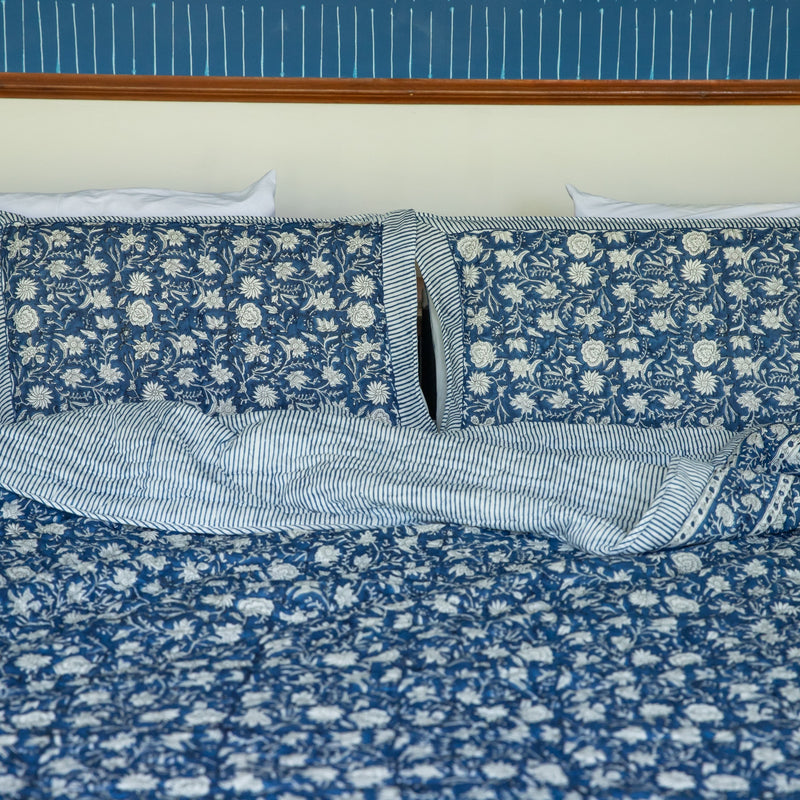 Blue Botanica Handmade Kantha Stitch Quilt Set-Quilt sets-House of Ekam