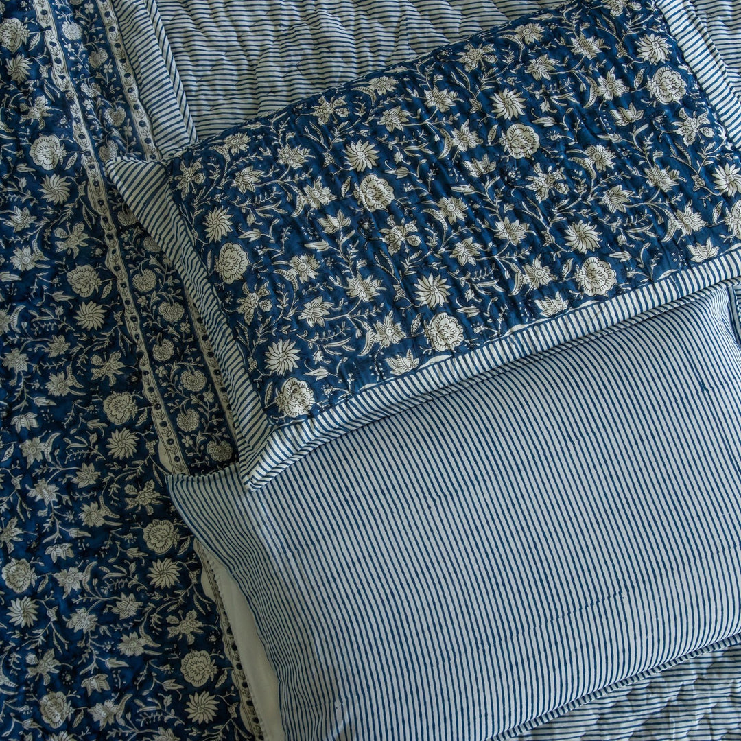Blue Botanica Handmade Kantha Stitch Quilt Set-Quilt sets-House of Ekam