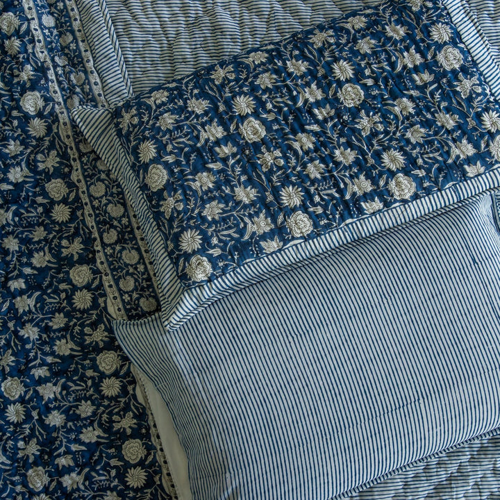 Blue Botanica Handmade Kantha Stitch Quilt Set-Quilt sets-House of Ekam