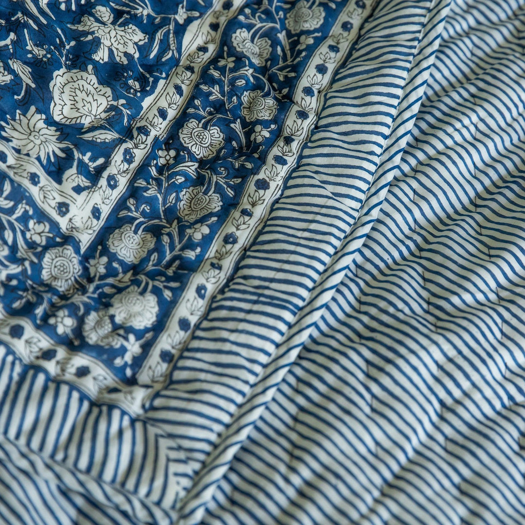 Blue Botanica Handmade Kantha Stitch Quilt Set-Quilt sets-House of Ekam