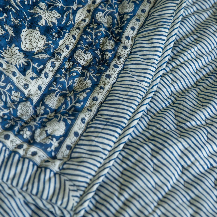 Blue Botanica Handmade Kantha Stitch Quilt Set-Quilt sets-House of Ekam