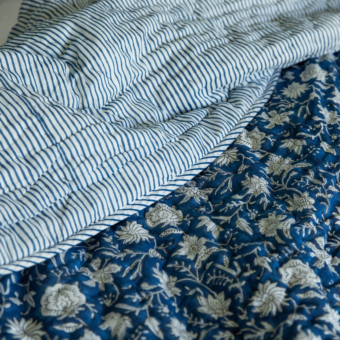 Blue Botanica Handmade Kantha Stitch Quilt Set-Quilt sets-House of Ekam