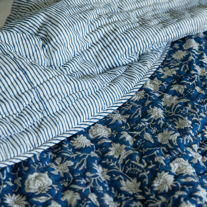 Blue Botanica Handmade Kantha Stitch Quilt Set-Quilt sets-House of Ekam