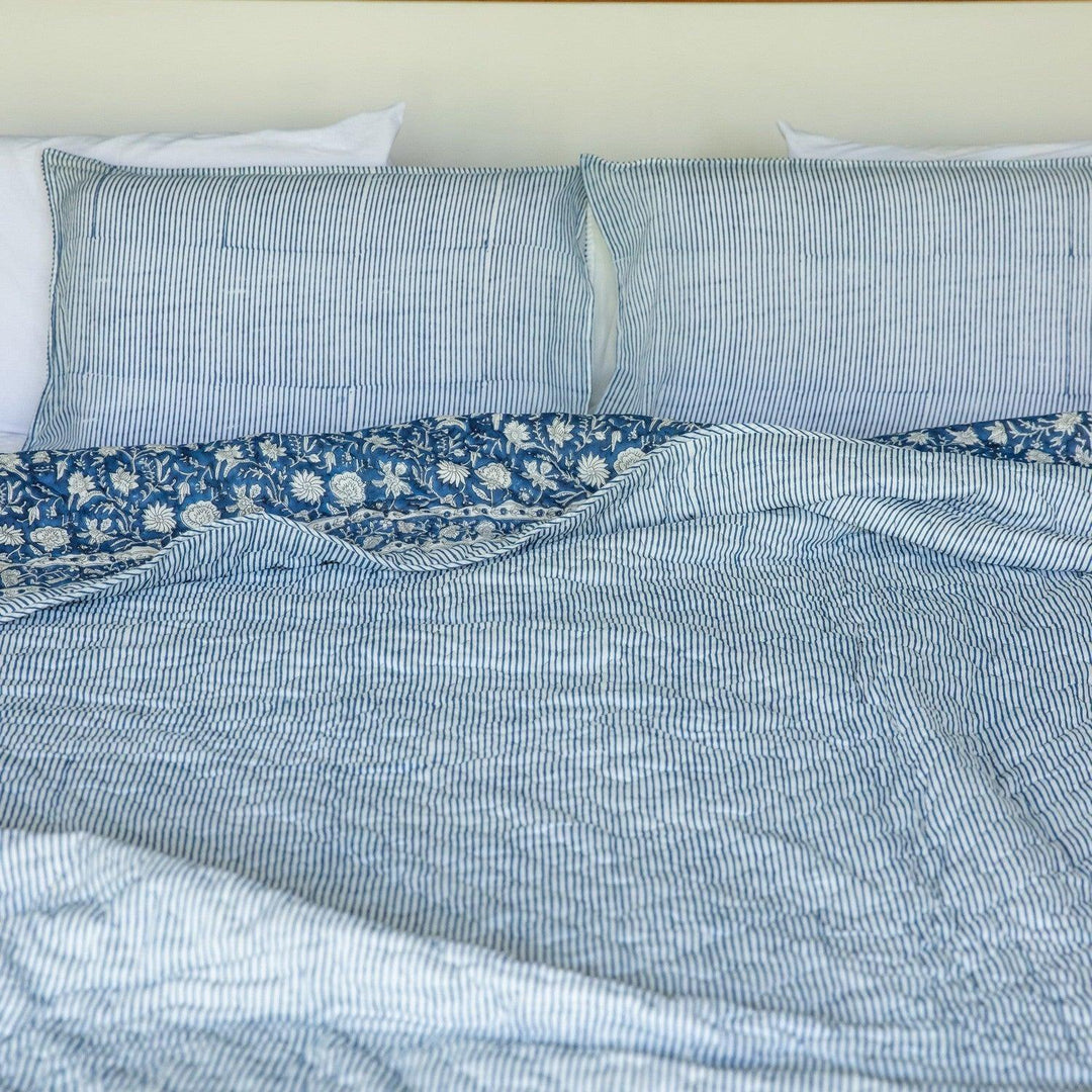 Blue Botanica Handmade Kantha Stitch Quilt Set-Quilt sets-House of Ekam