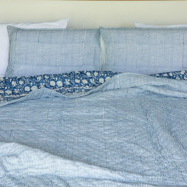 Blue Botanica Handmade Kantha Stitch Quilt Set-Quilt sets-House of Ekam