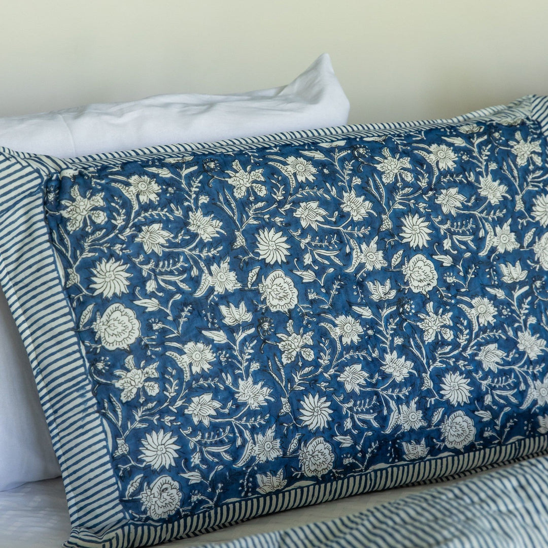 Blue Botanica Handmade Kantha Stitch Quilt Set-Quilt sets-House of Ekam