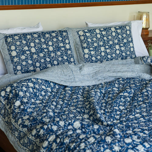 Blue Botanica Kantha Cotton Quilt Set Double Bed Queen Quilt