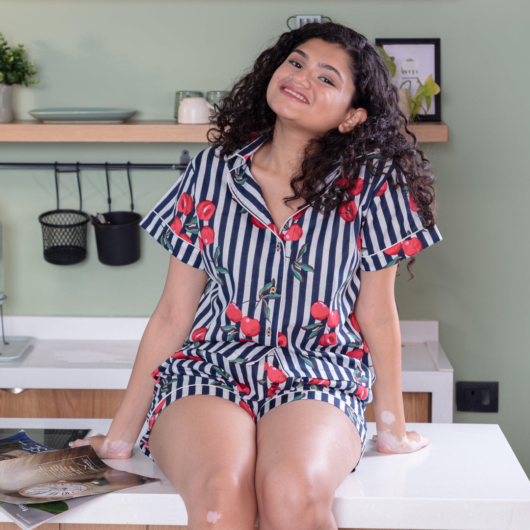 Blue Cherry Stripe Cotton Loungewear Set With Shorts-loungewear-House of Ekam