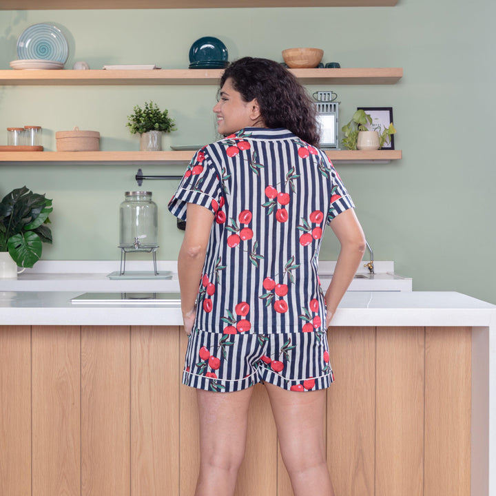 Blue Cherry Stripe Cotton Loungewear Set With Shorts-loungewear-House of Ekam