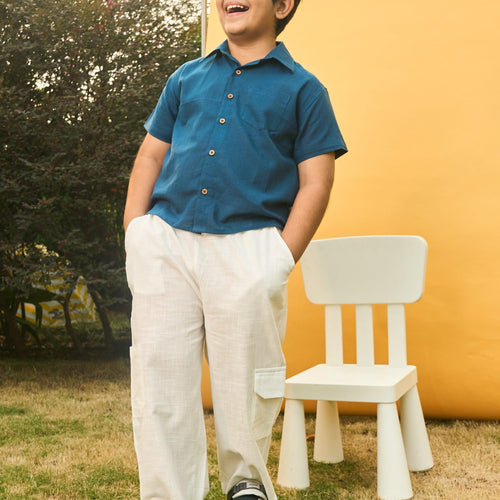 Blue Cotton Slub Boys Shirt-Kidswear-House of Ekam