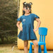 Blue Cotton Slub Girl Dress with Palm Tree-Kidswear-House of Ekam