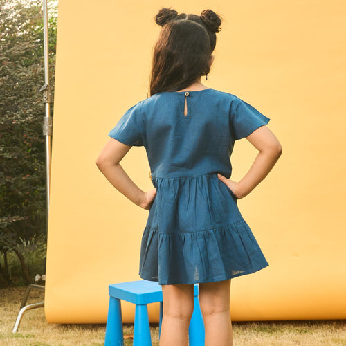 Blue Cotton Slub Girl Dress with Palm Tree-Kidswear-House of Ekam