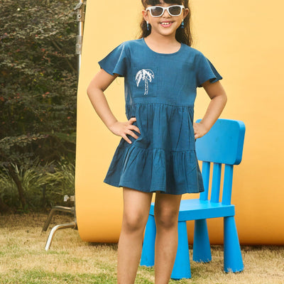 Blue Cotton Slub Girl Dress with Palm Tree-Kidswear-House of Ekam