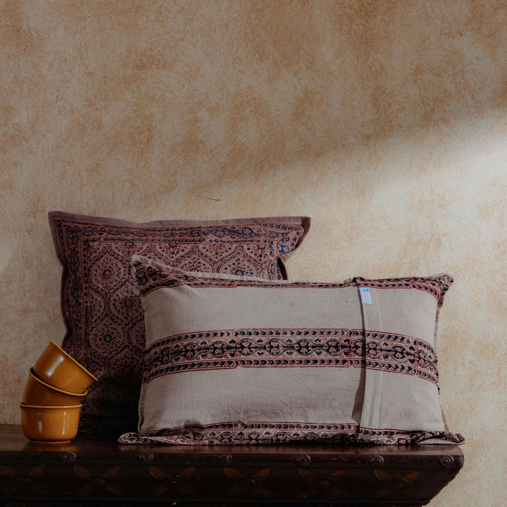 Blue Firdaus Kalamkari Blockprint Cushion Cover-Cushion Covers-House of Ekam