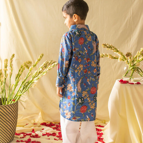 Blue Floral Boys Pathani Kurta with Pyjama Set-Kidswear-House of Ekam