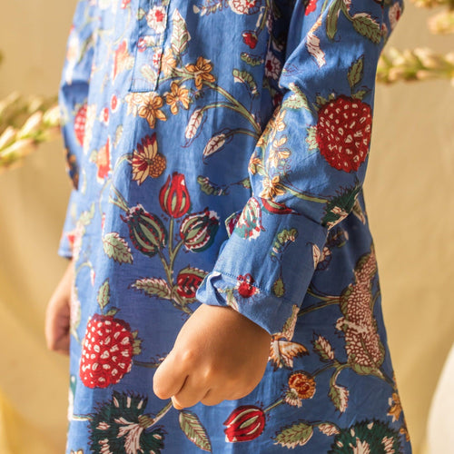 Blue Floral Boys Pathani Kurta with Pyjama Set-Kidswear-House of Ekam