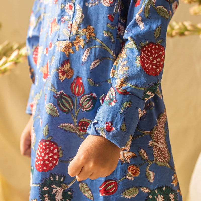 Blue Floral Boys Pathani Kurta with Pyjama Set-Kidswear-House of Ekam