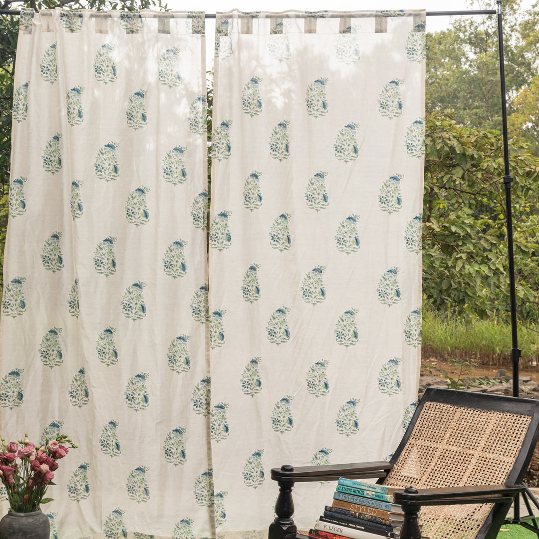 Blue &amp; Green Ambi Blockprint Maheshwari Silk Curtain-Curtains-House of Ekam