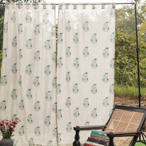 Blue & Green Ambi Blockprint Maheshwari Silk Curtain-Curtains-House of Ekam
