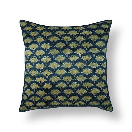 Blue & Green Floral Blockprint Mashru Silk Cushion Cover-Cushion Covers-House of Ekam